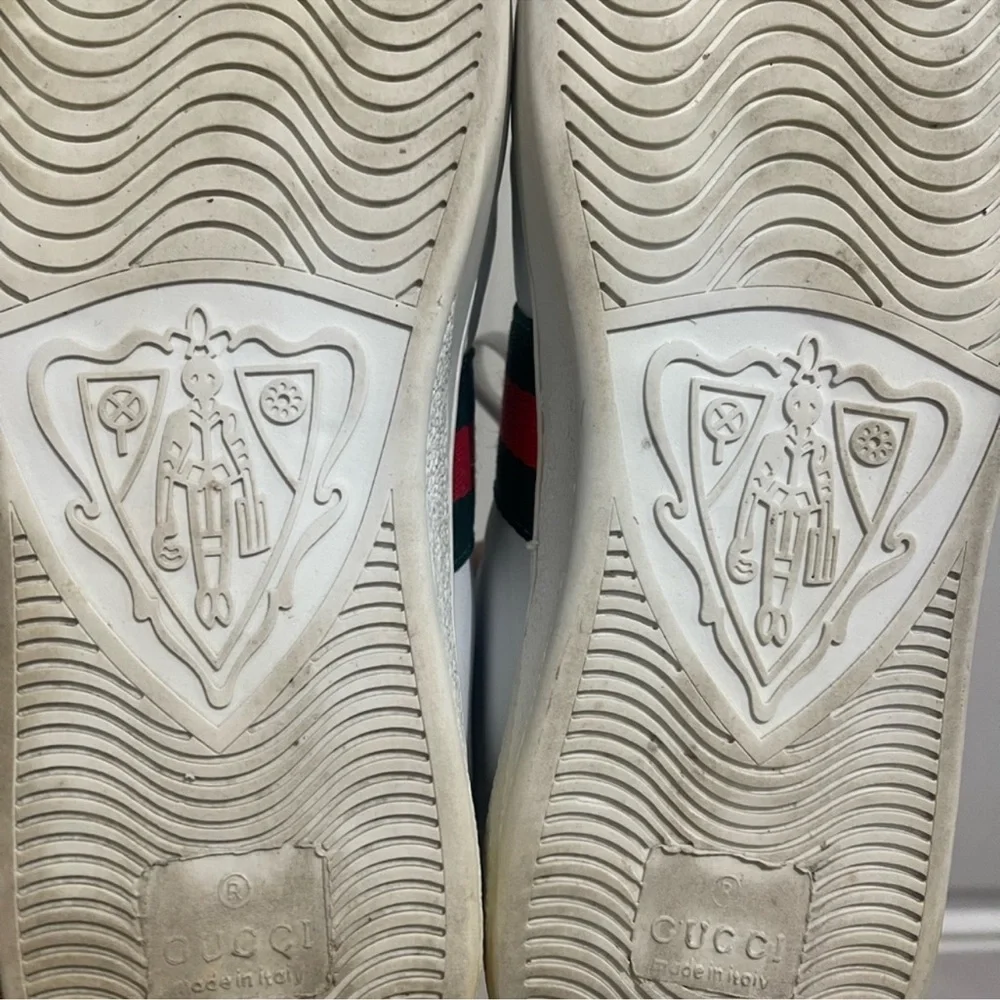 Gucci White Leather Sneakers with Green & Red Stripe and Gold Tiger Patch Sz 7.5 - Picture 11 of 16